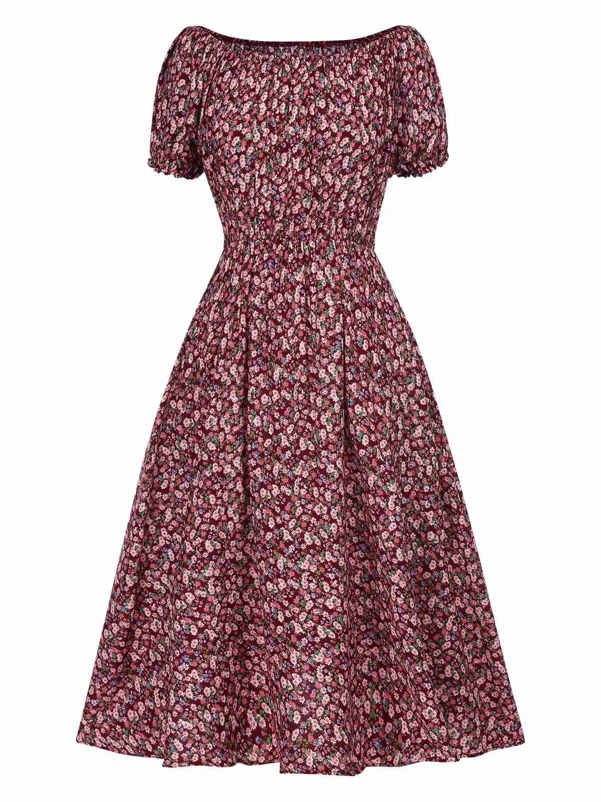 Red 1940s Puff Sleeves Ditsy Floral Dress sold by Retro Stage