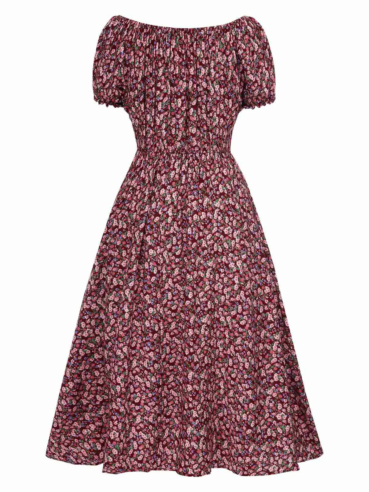 Red 1940s Puff Sleeves Ditsy Floral Dress sold by Retro Stage product image thumbnail 2