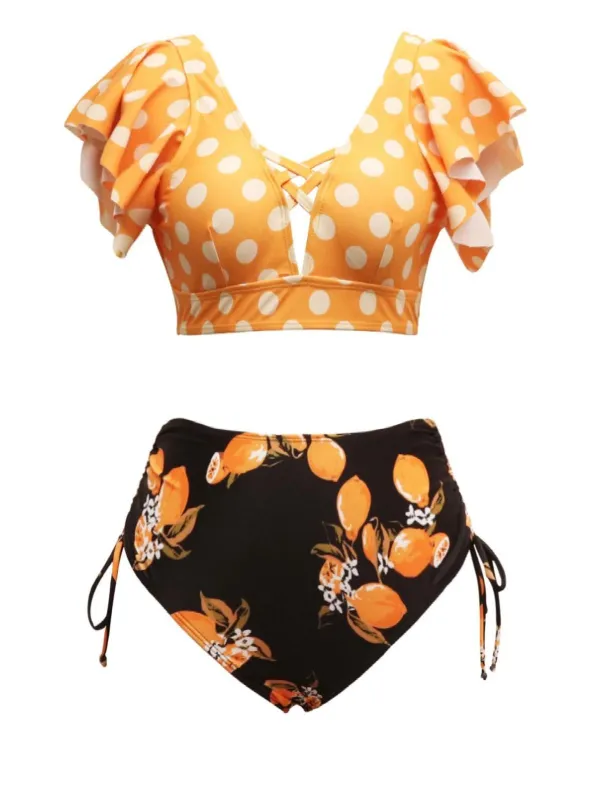 Orange 1950s Polka Dots Lemon Ruffled Bikini Set sold by Retro Stage