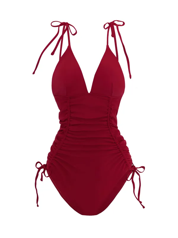 1950s Solid V-Neck Ruched One-Piece Swimsuit sold by Retro Stage