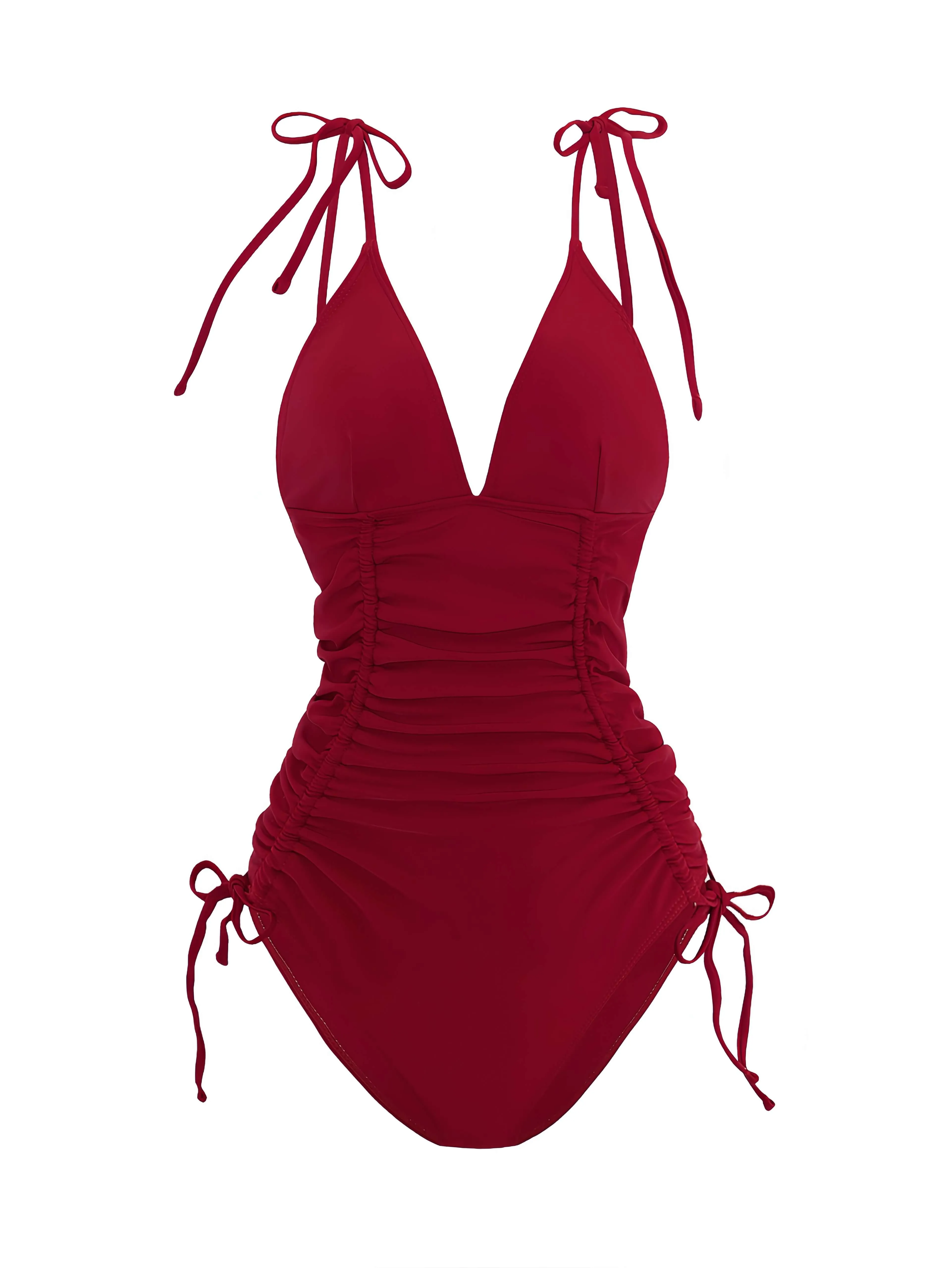 1950s Solid V-Neck Ruched One-Piece Swimsuit sold by Retro Stage