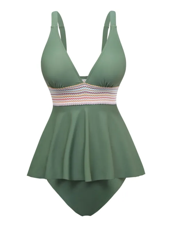 2PCS 1940s Solid Boho Ruffled Skirt Swimsuit sold by Retro Stage