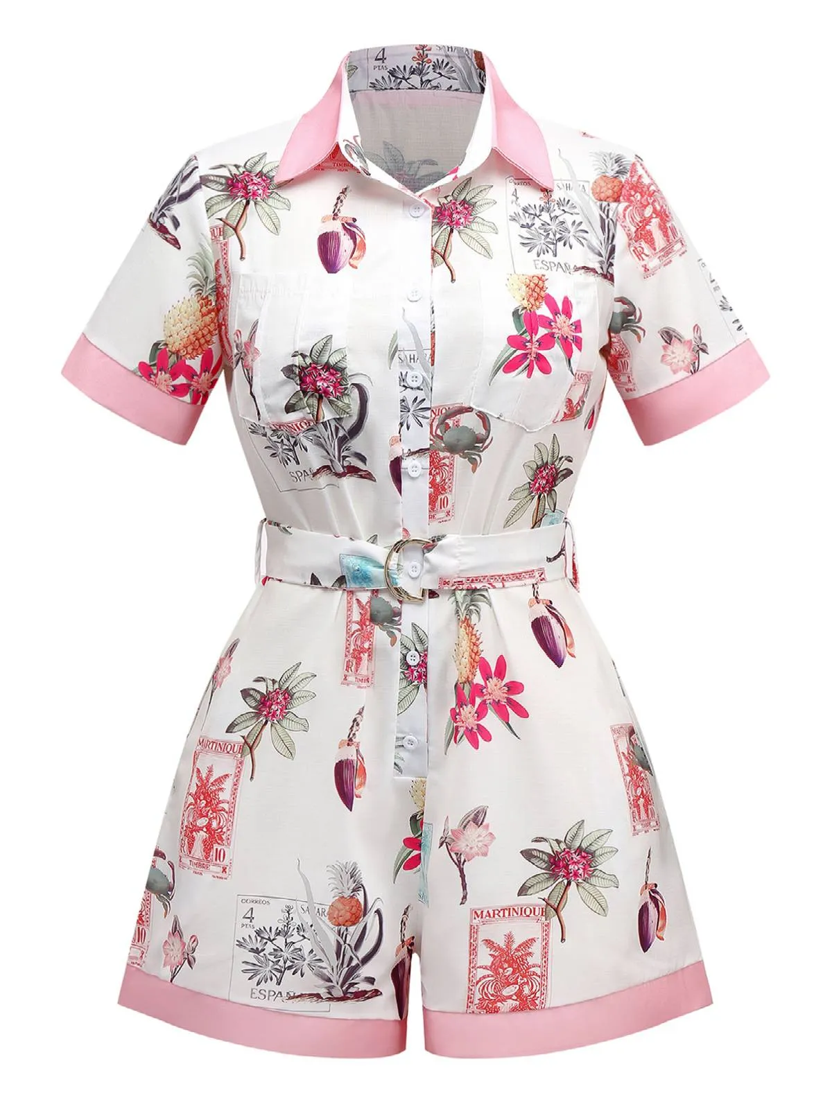 Pink 1950s Pineapple Flower Belted Lapel Romper sold by Retro Stage