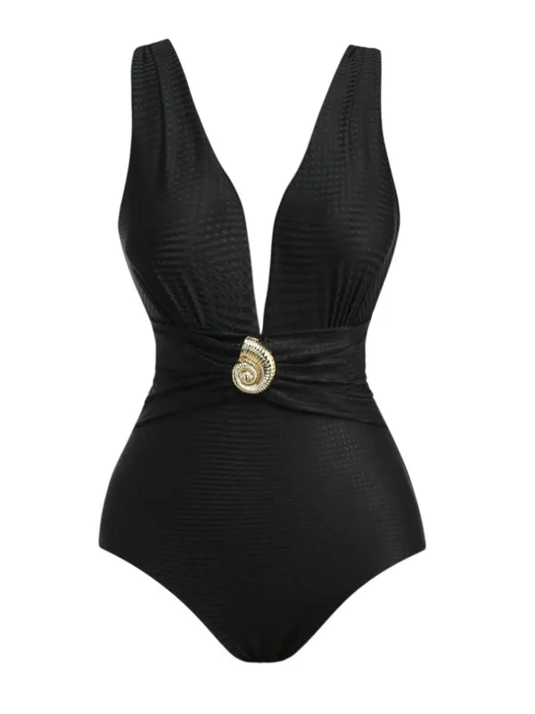 Black 1930s Deep V-Neck Seashell One-Piece Swimsuit sold by Retro Stage