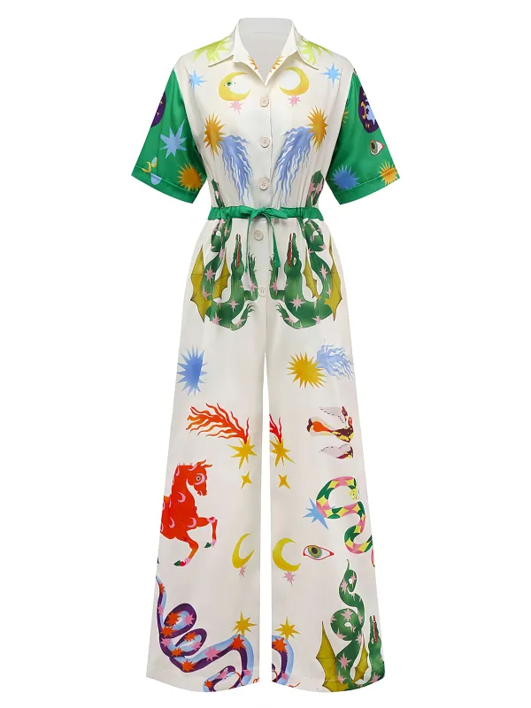 Multicolor 1930s Cartoon Animals Shirt Collar Jumpsuit sold by Retro Stage