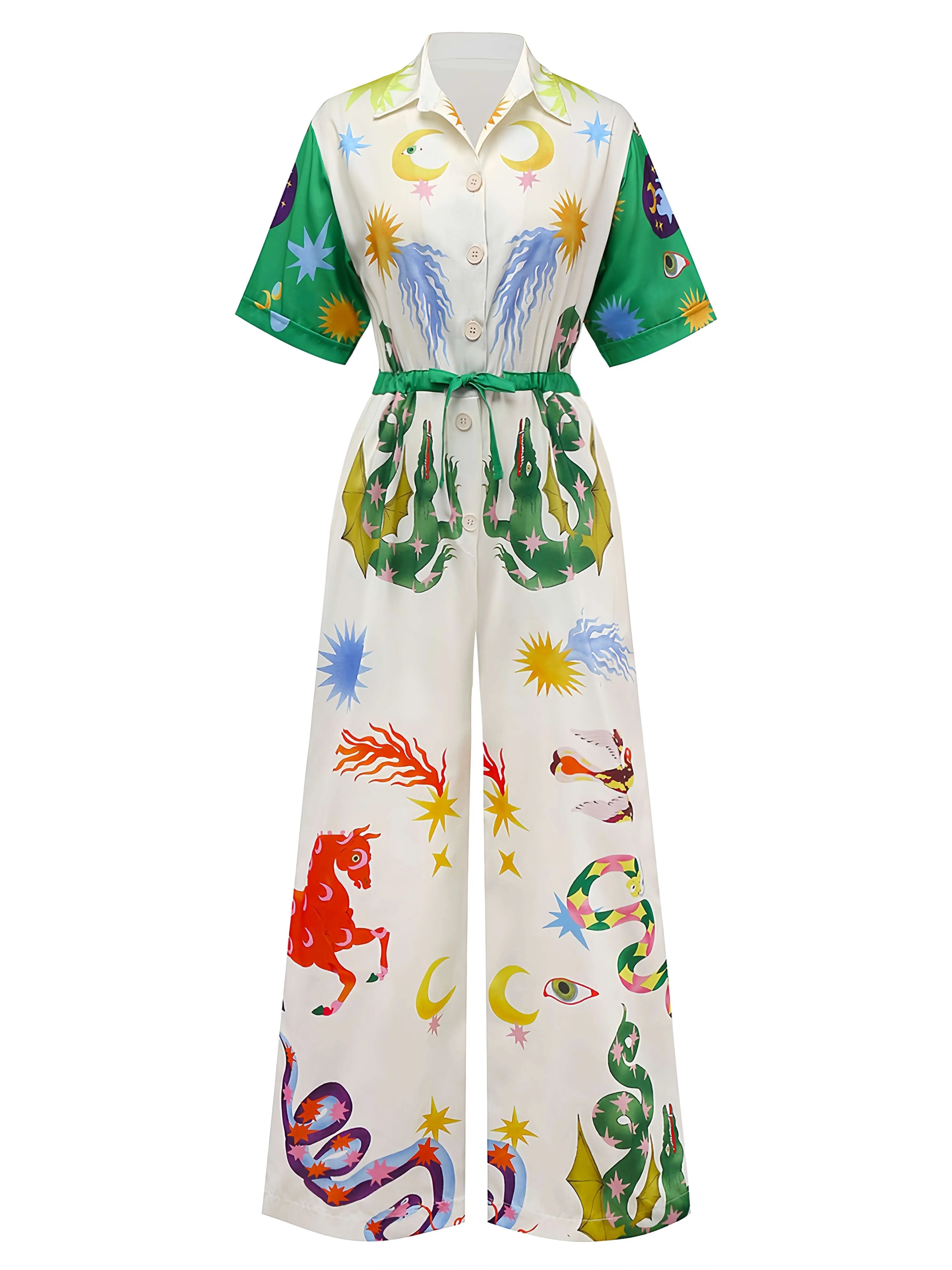 Multicolor 1930s Cartoon Animals Shirt Collar Jumpsuit sold by Retro Stage