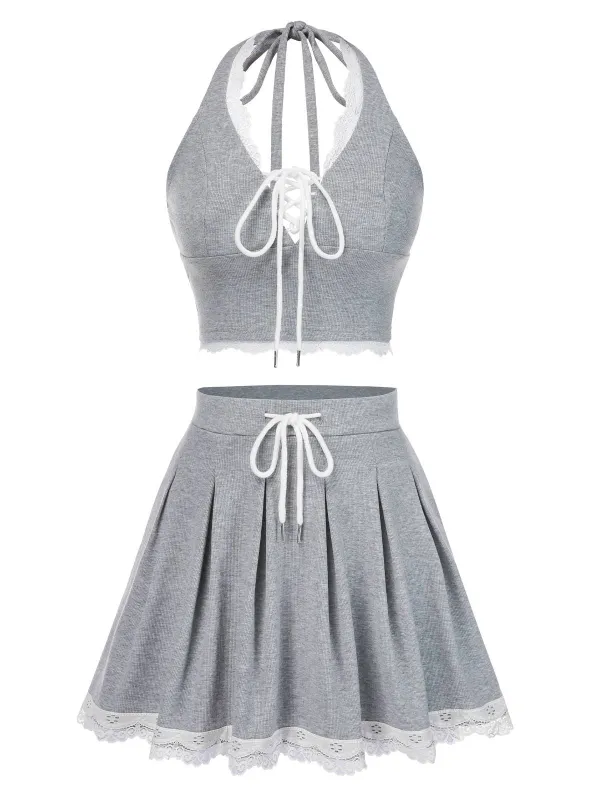 2PCS Light Gray 1950s Lace Halter Top & Pleated Skirt sold by Retro Stage