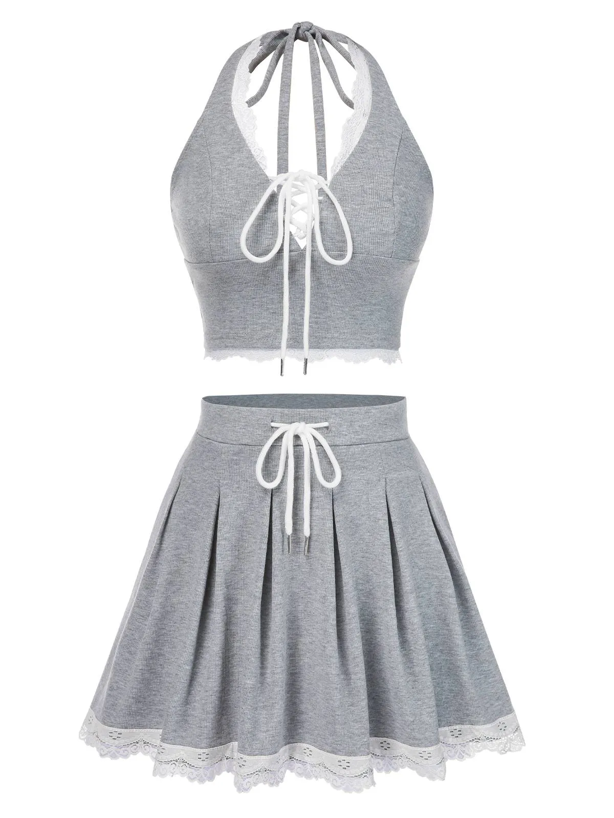 2PCS Light Gray 1950s Lace Halter Top & Pleated Skirt sold by Retro Stage
