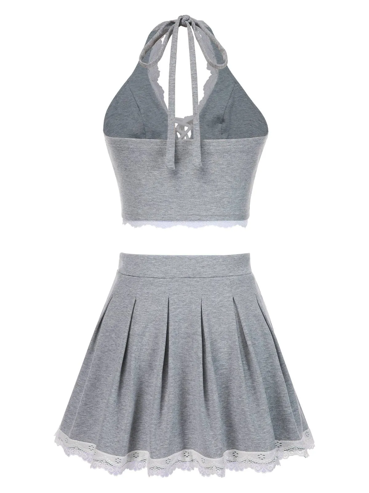 2PCS Light Gray 1950s Lace Halter Top & Pleated Skirt sold by Retro Stage product image thumbnail 3
