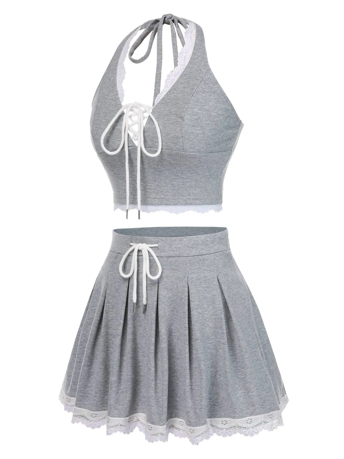 2PCS Light Gray 1950s Lace Halter Top & Pleated Skirt sold by Retro Stage product image thumbnail 2