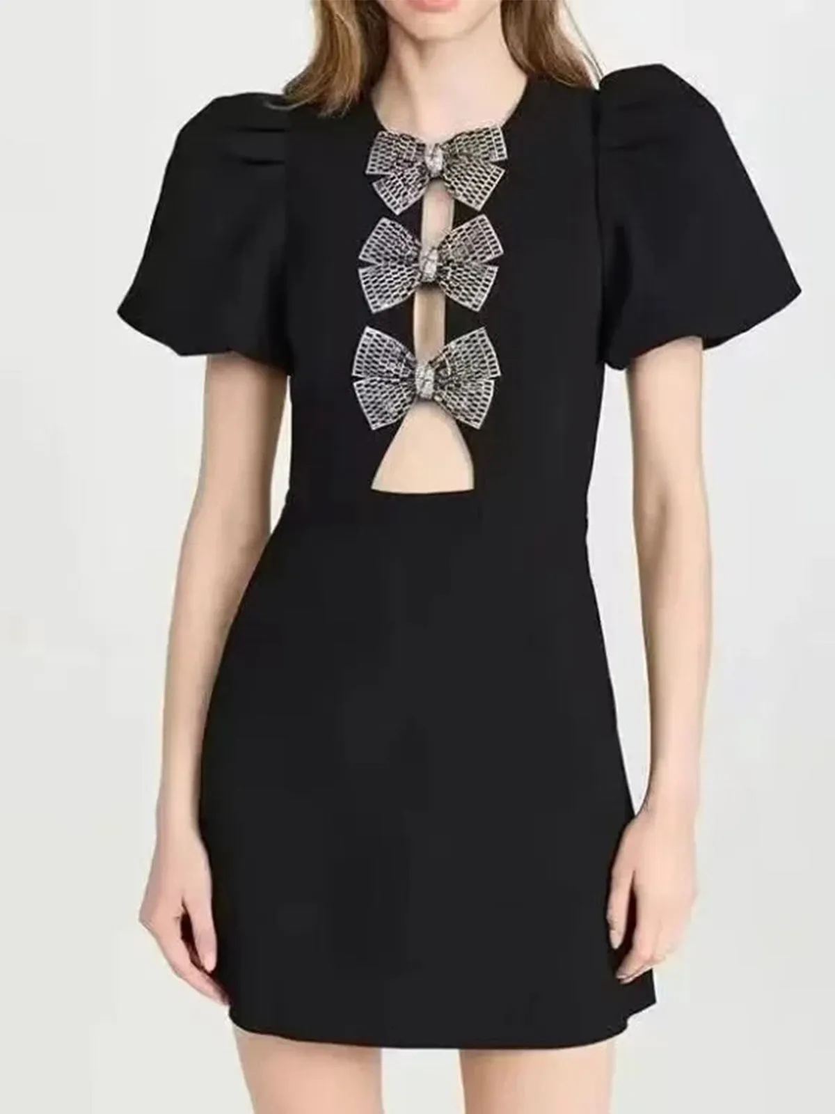 Black 1960s Solid Bow Hollow Puff Dress sold by Retro Stage product image thumbnail 5