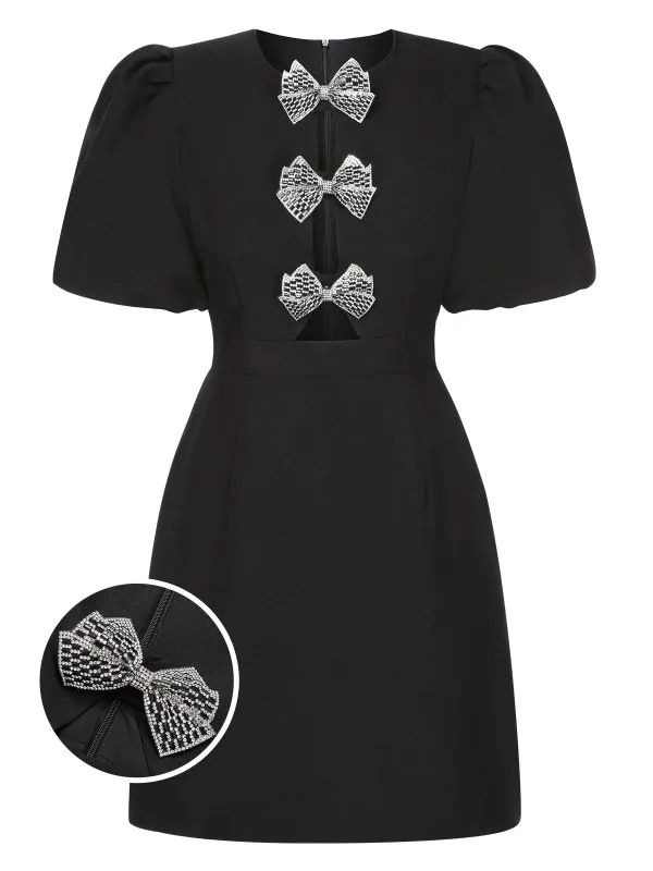 Black 1960s Solid Bow Hollow Puff Dress sold by Retro Stage