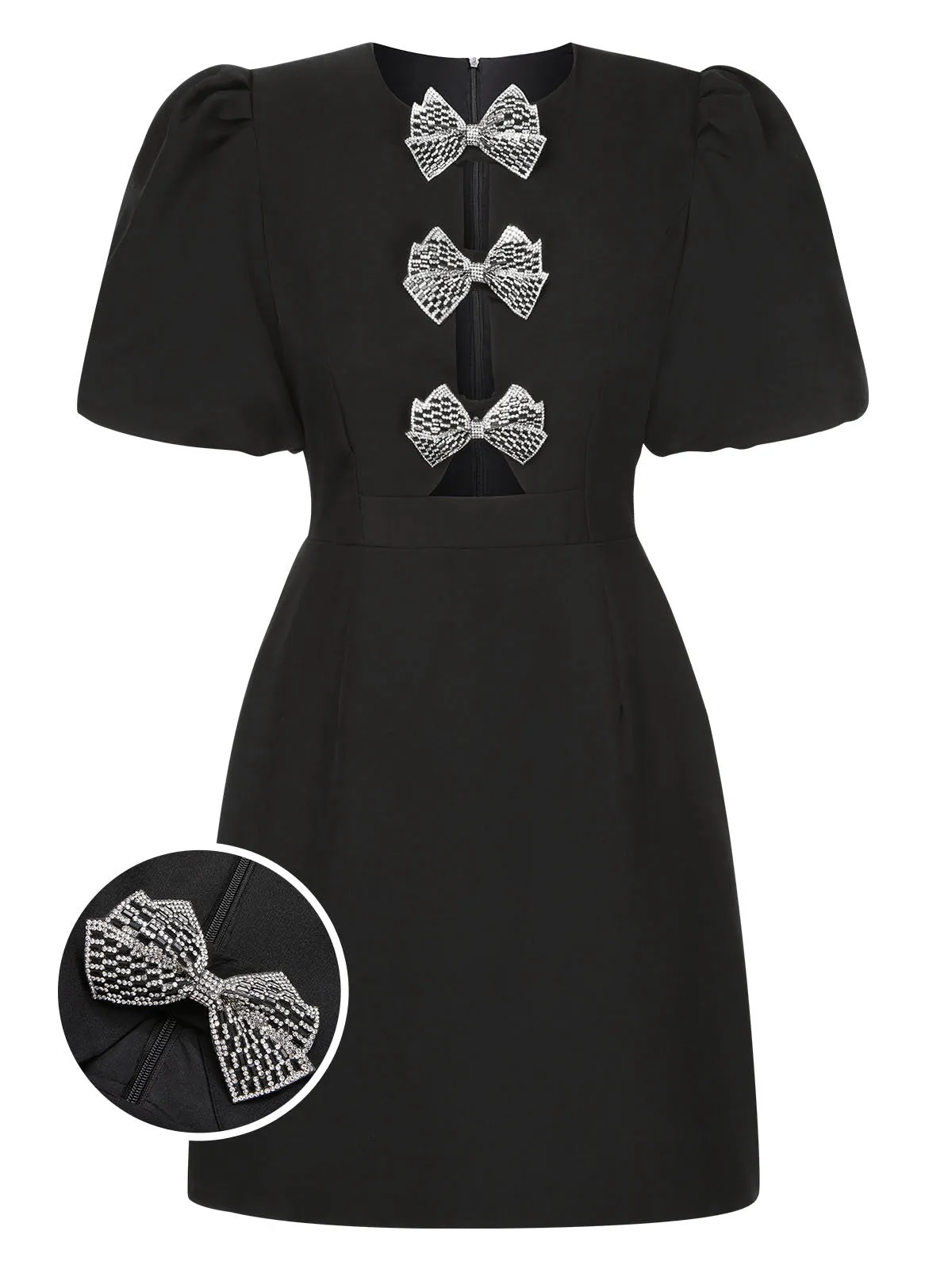 Black 1960s Solid Bow Hollow Puff Dress sold by Retro Stage