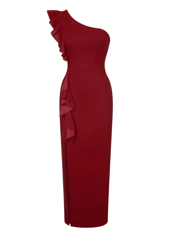 1930s Solid Ruffle One-Shoulder Slit Dress sold by Retro Stage
