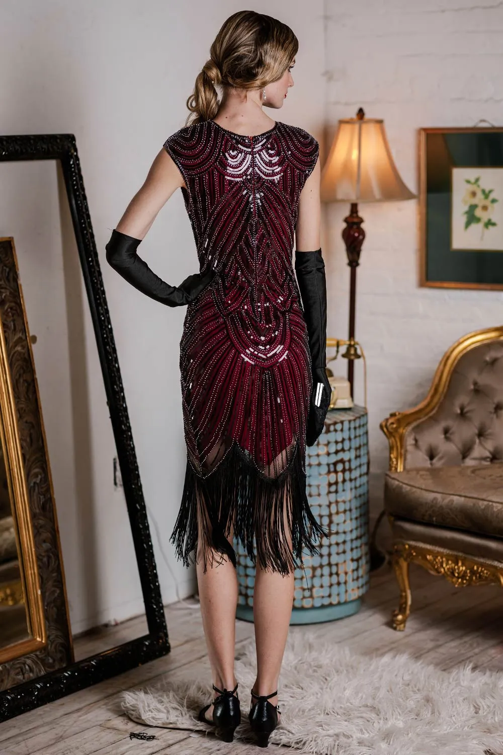 US Only Wine Red 1920s Sequin Beaded Fringed Dress sold by Retro Stage product image thumbnail 4
