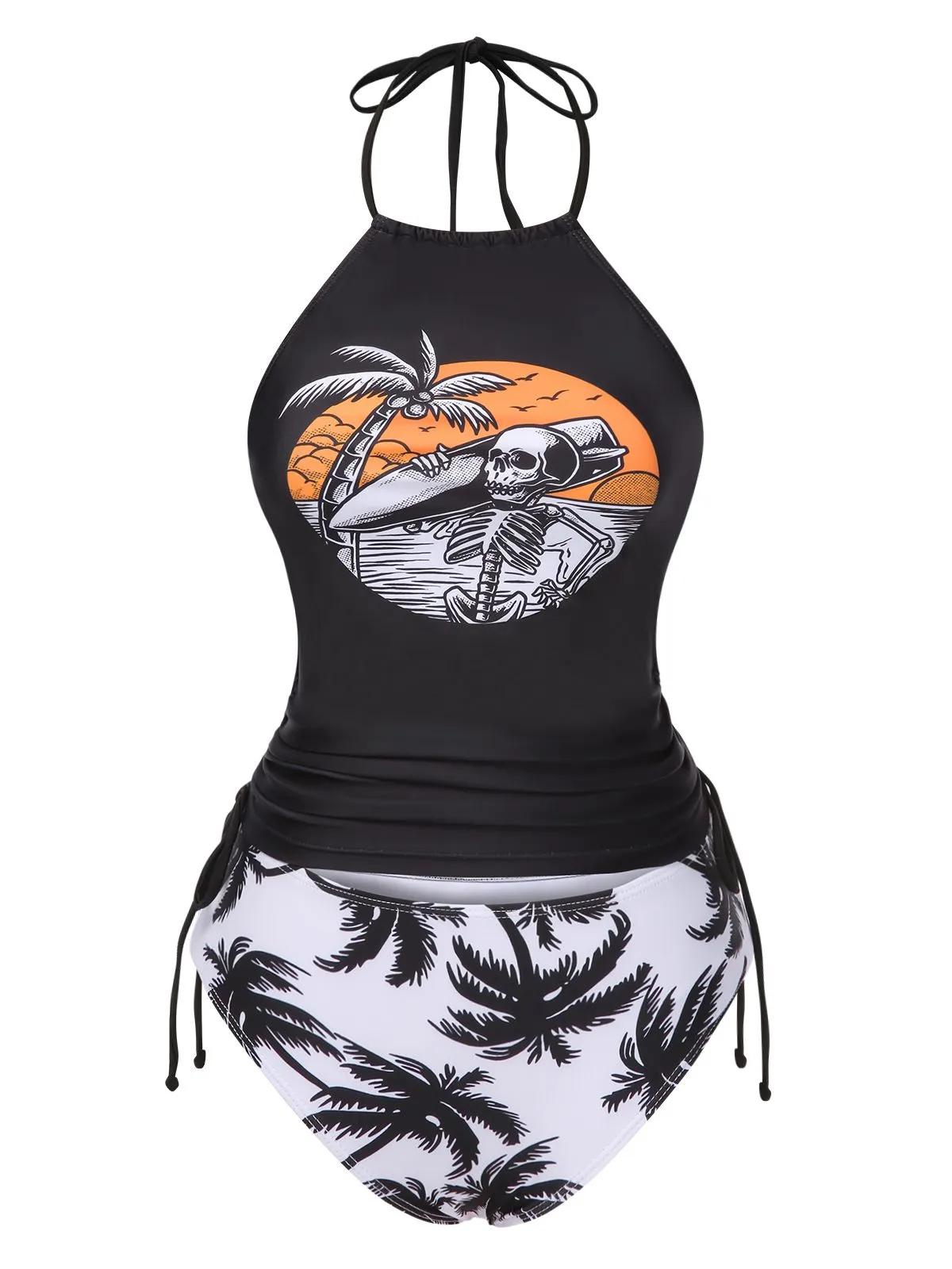 Black 1980s Punk Halter Skeleton Beach Print Bikini Set sold by Retro Stage product image thumbnail 2