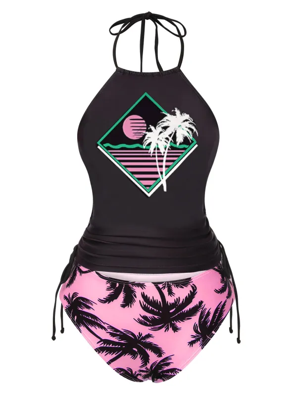 Black 1980s Punk Halter Skeleton Beach Print Bikini Set sold by Retro Stage