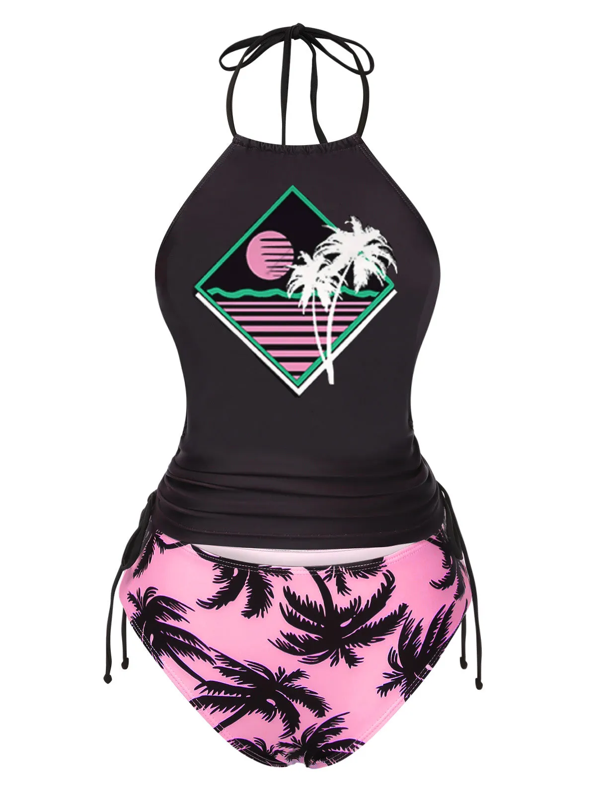 Black 1980s Punk Halter Skeleton Beach Print Bikini Set sold by Retro Stage