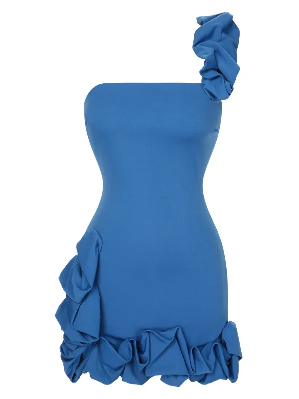 1980s Solid One-Shoulder 3D Flower Mini Dress sold by Retro Stage