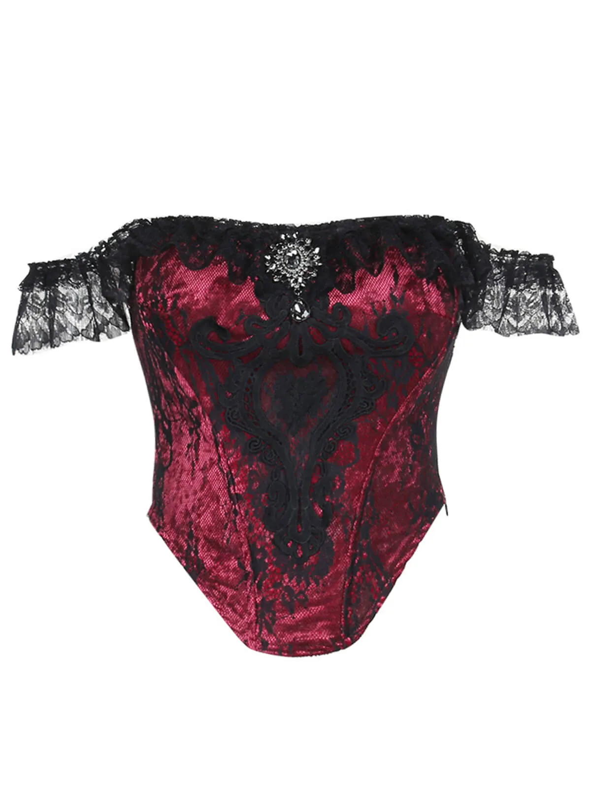 Deep Red 1970s Steampunk Lace Off-Shoulder Top sold by Retro Stage