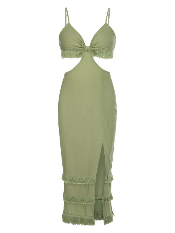 Green 1960s Solid Tassel Hem Suspender Dress sold by Retro Stage