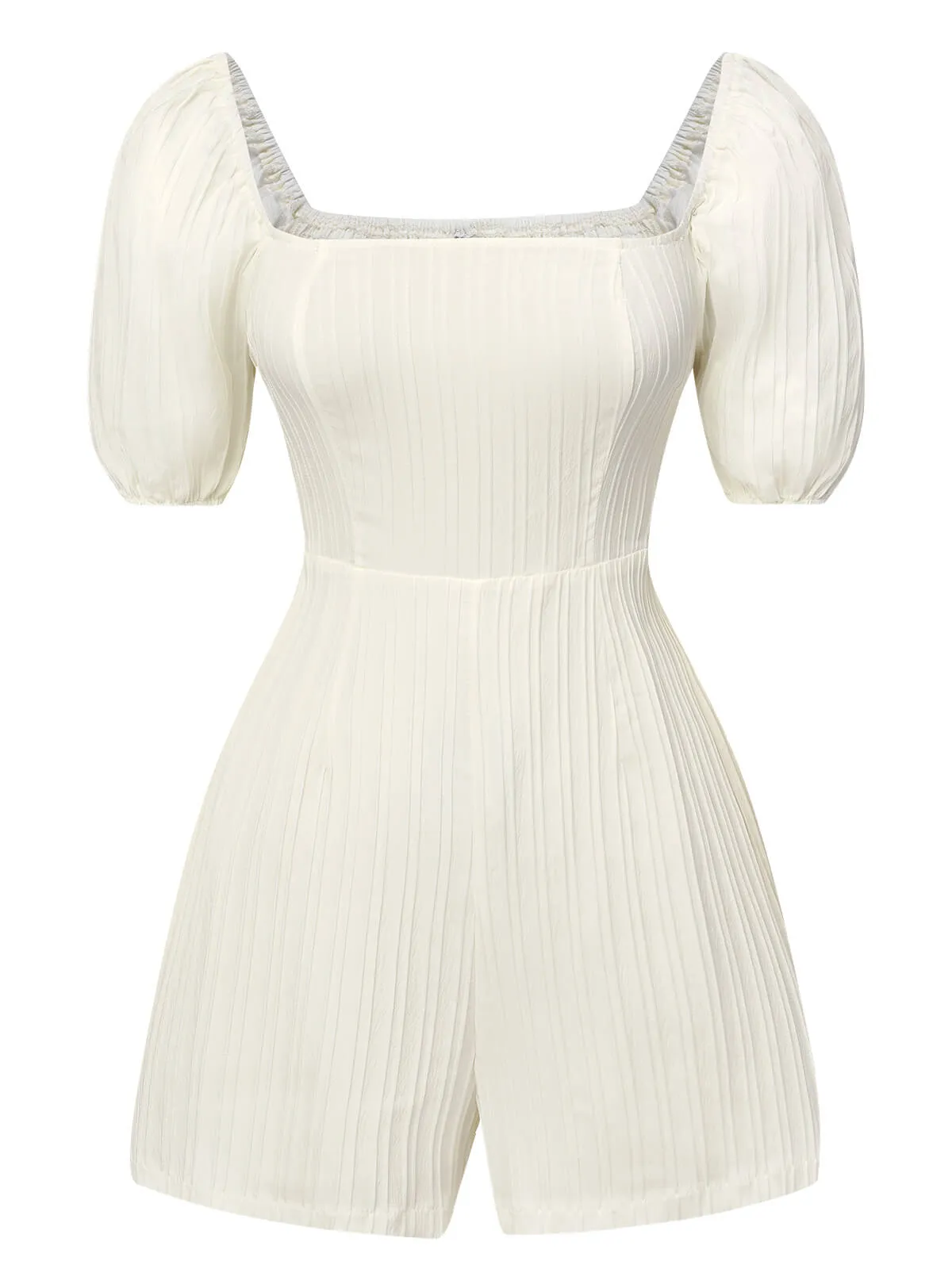 White 1960s Solid Puff Square Neck Romper sold by Retro Stage