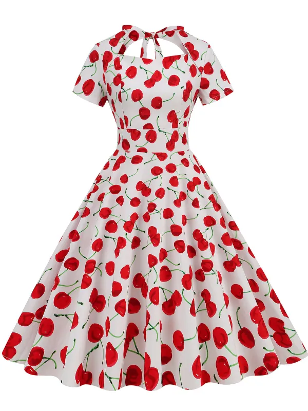 1950s Cherry Sweetheart Short Sleeve Lace Up Dress sold by Retro Stage