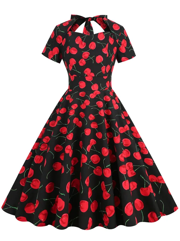1950s Cherry Sweetheart Short Sleeve Lace Up Dress sold by Retro Stage