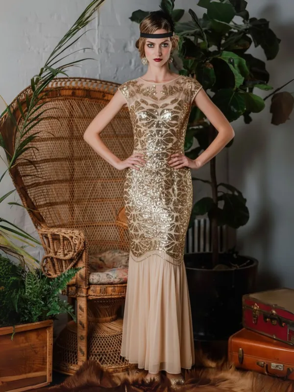 Apricot 1920s Sequin Maxi Flapper Dress sold by Retro Stage