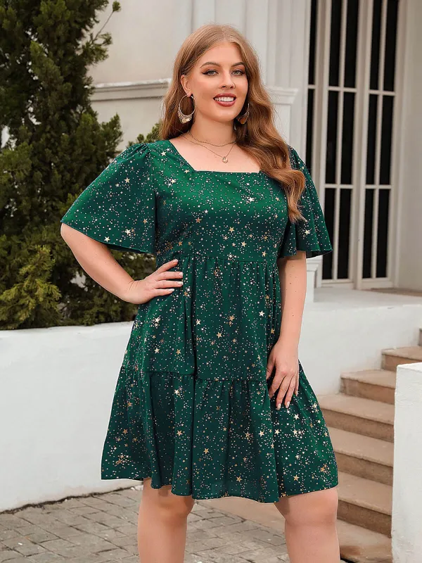 [Plus Size] 1950s Hot Stamping Stars Square Neck Dress sold by Retro Stage