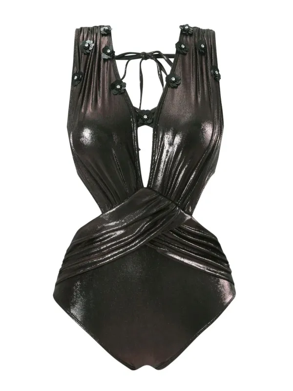 Black 1970s Solid Appliques Strappy Glossy One-Piece Swimsuit sold by Retro Stage