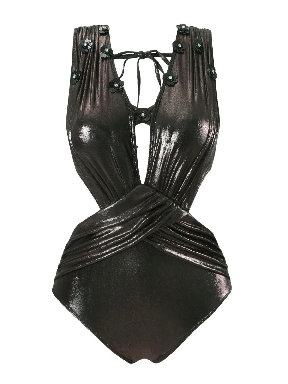 Black 1970s Solid Appliques Strappy Glossy One-Piece Swimsuit sold by Retro Stage