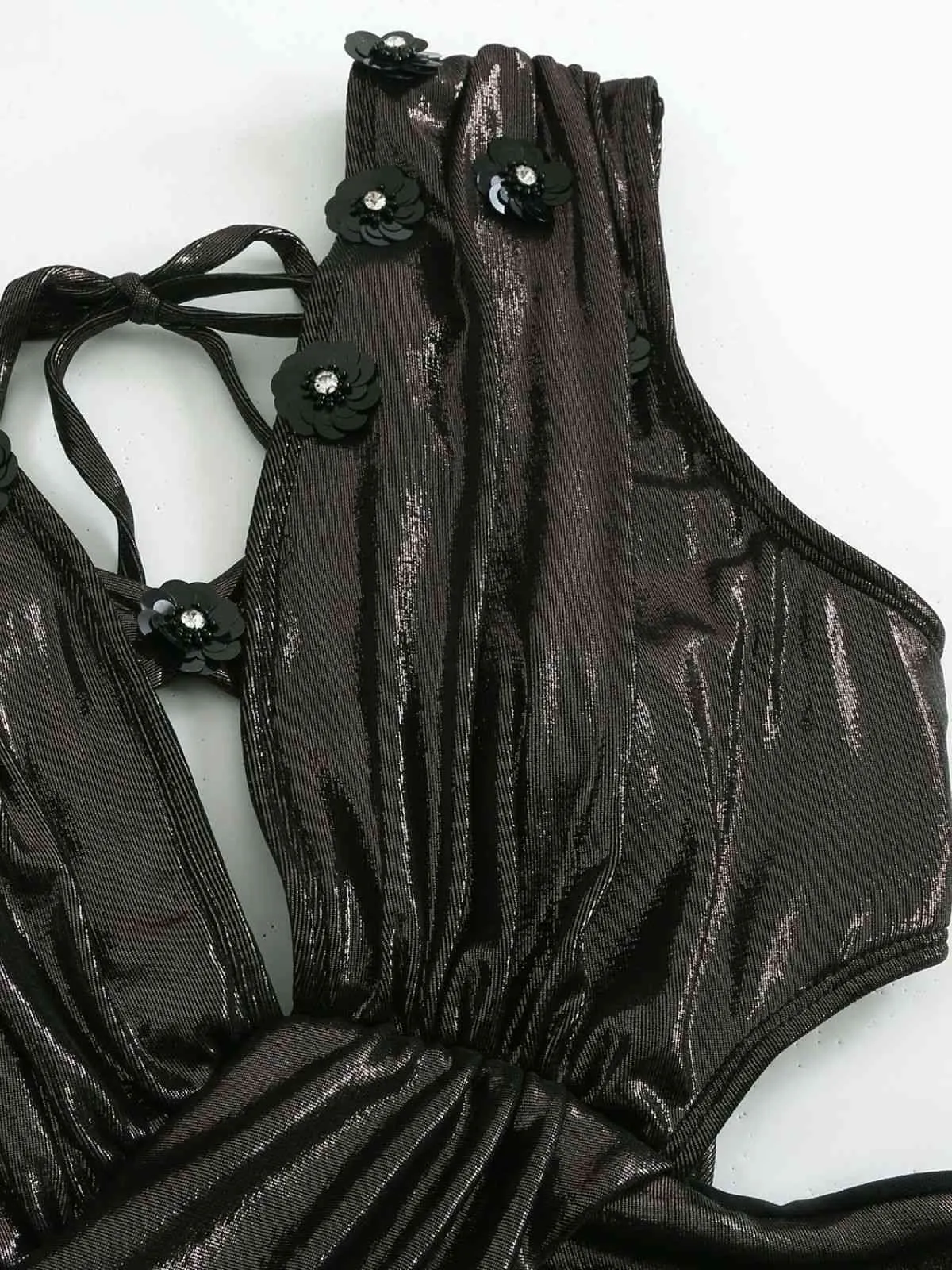 Black 1970s Solid Appliques Strappy Glossy One-Piece Swimsuit sold by Retro Stage product image thumbnail 3
