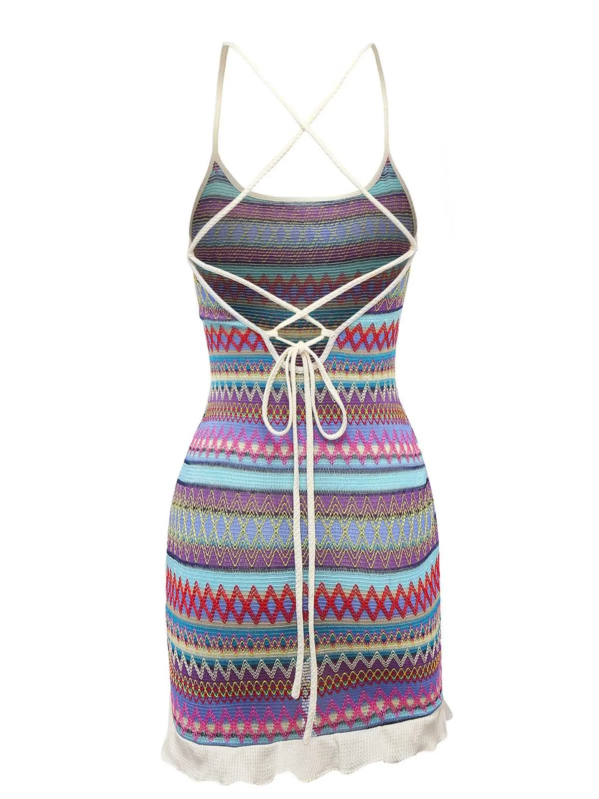 Multicolor 1960s Bohemian Drawstring Knit Straps Dress sold by Retro Stage product image thumbnail 2