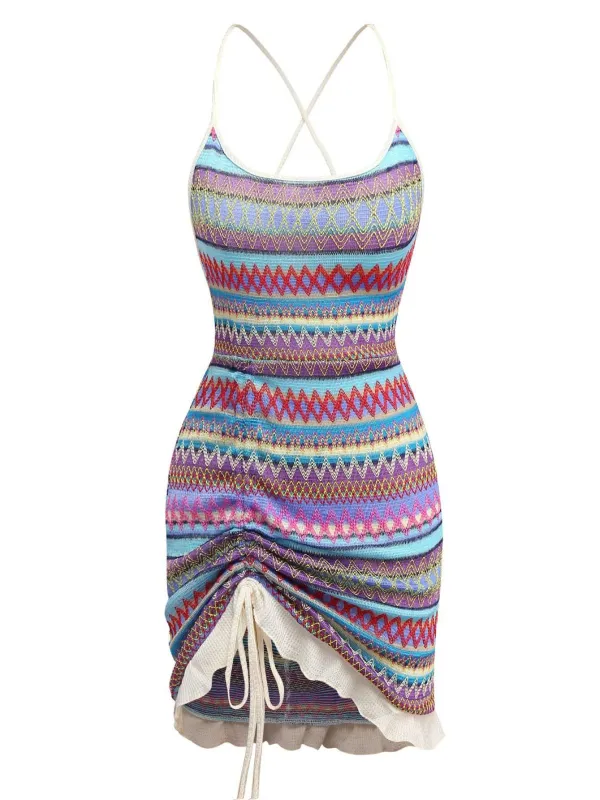 Multicolor 1960s Bohemian Drawstring Knit Straps Dress sold by Retro Stage