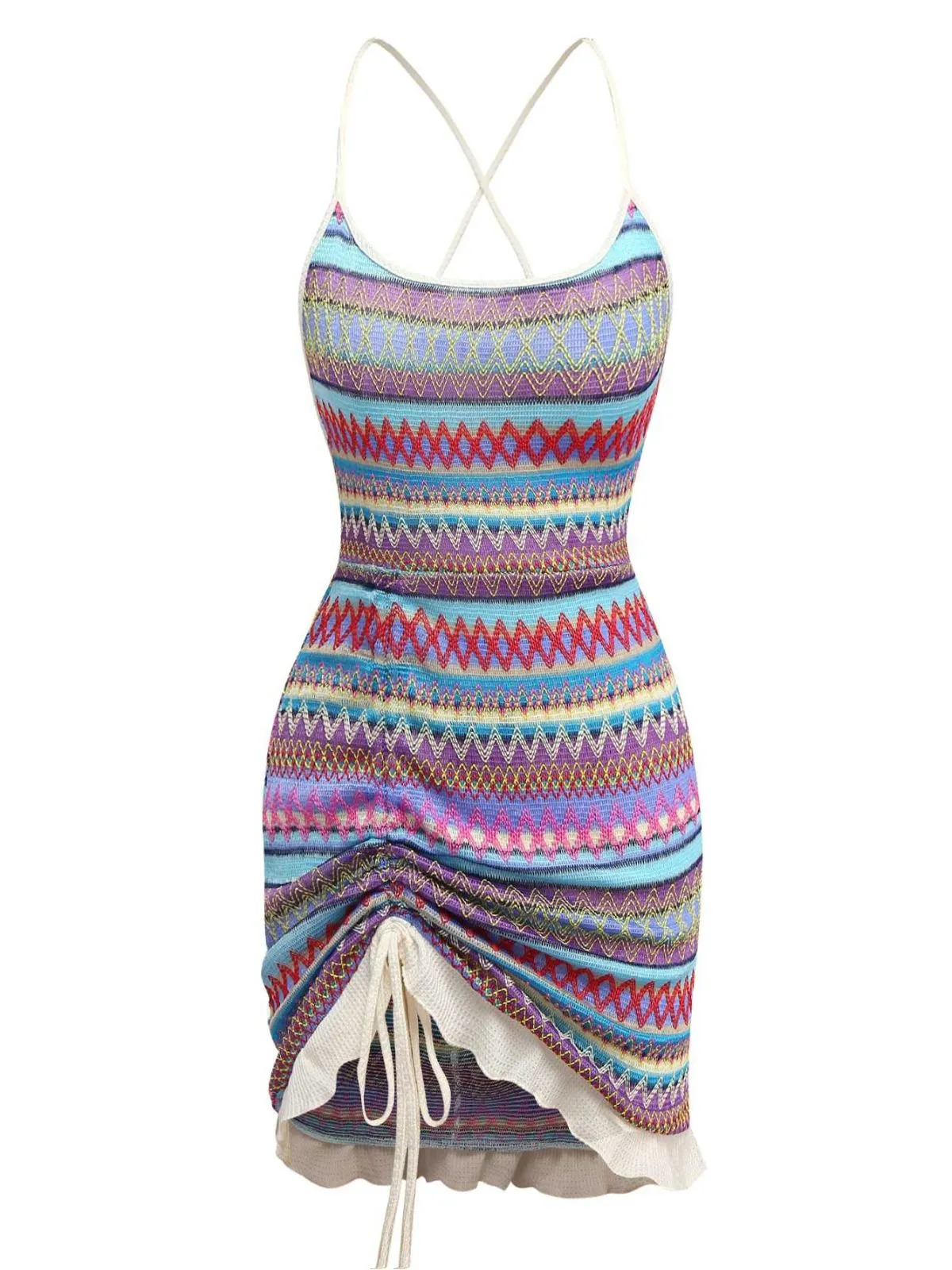 Multicolor 1960s Bohemian Drawstring Knit Straps Dress sold by Retro Stage