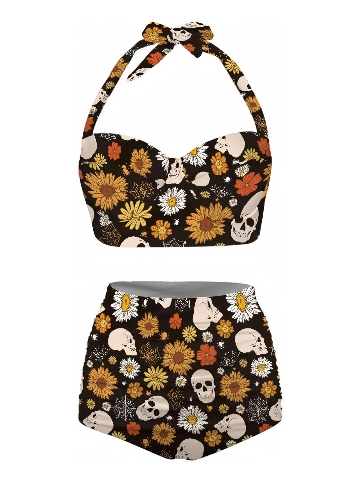 Black 1950s Floral Print Lace-Up Halter Swimsuit sold by Retro Stage