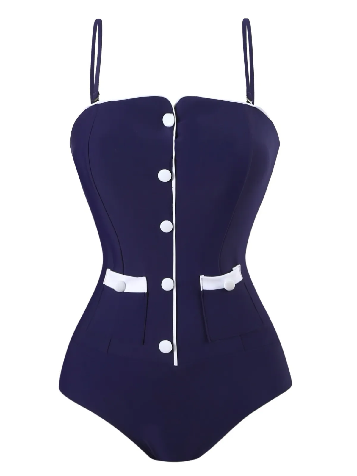 Dark Blue 1940s Button Spaghetti Strap One-piece Swimsuit sold by Retro Stage