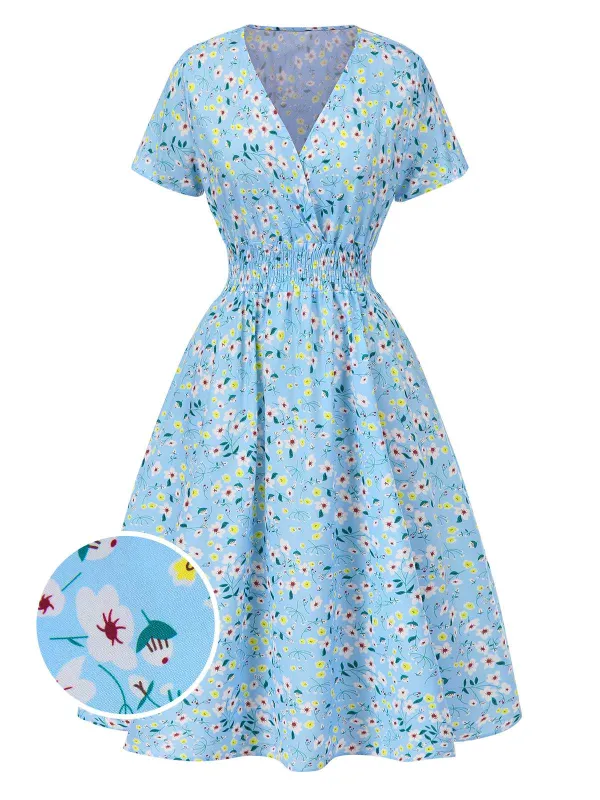 Sky Blue 1950s Floral V-Neck A-line Dress sold by Retro Stage
