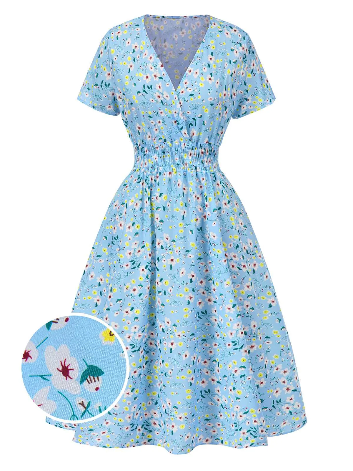 Sky Blue 1950s Floral V-Neck A-line Dress sold by Retro Stage