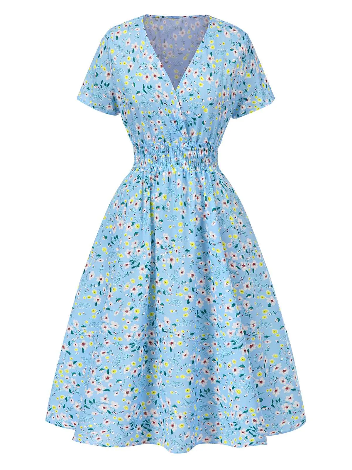 Sky Blue 1950s Floral V-Neck A-line Dress sold by Retro Stage product image thumbnail 2