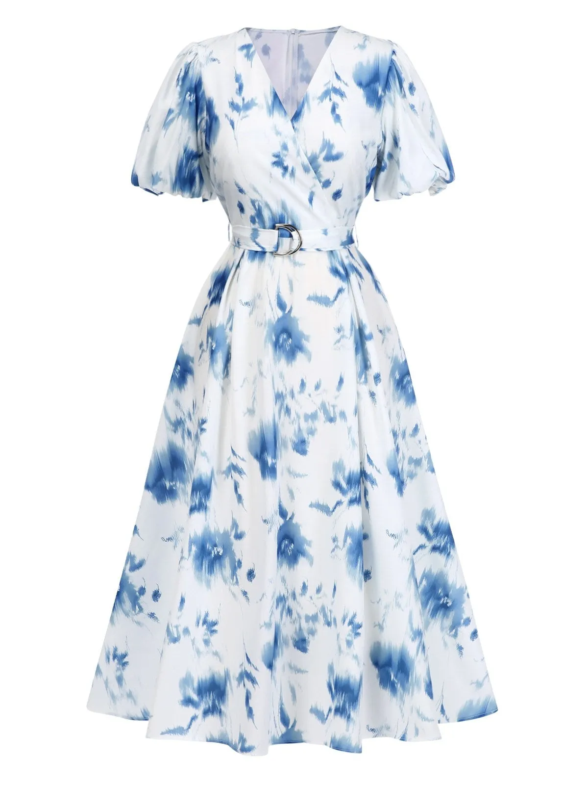 Light Blue 1950s Tie Dye Puff V-Neck Swing Dress sold by Retro Stage