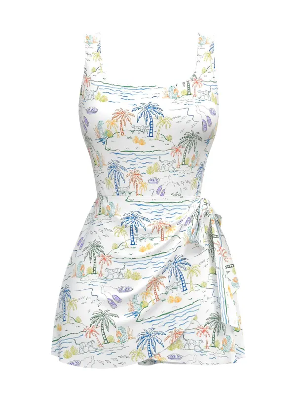 White 1940s Plant Print Square Neck Swimdress sold by Retro Stage