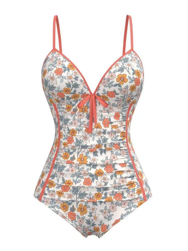 Orange 1960s Daisy Lace-Up One-Piece Swimsuit sold by Retro Stage