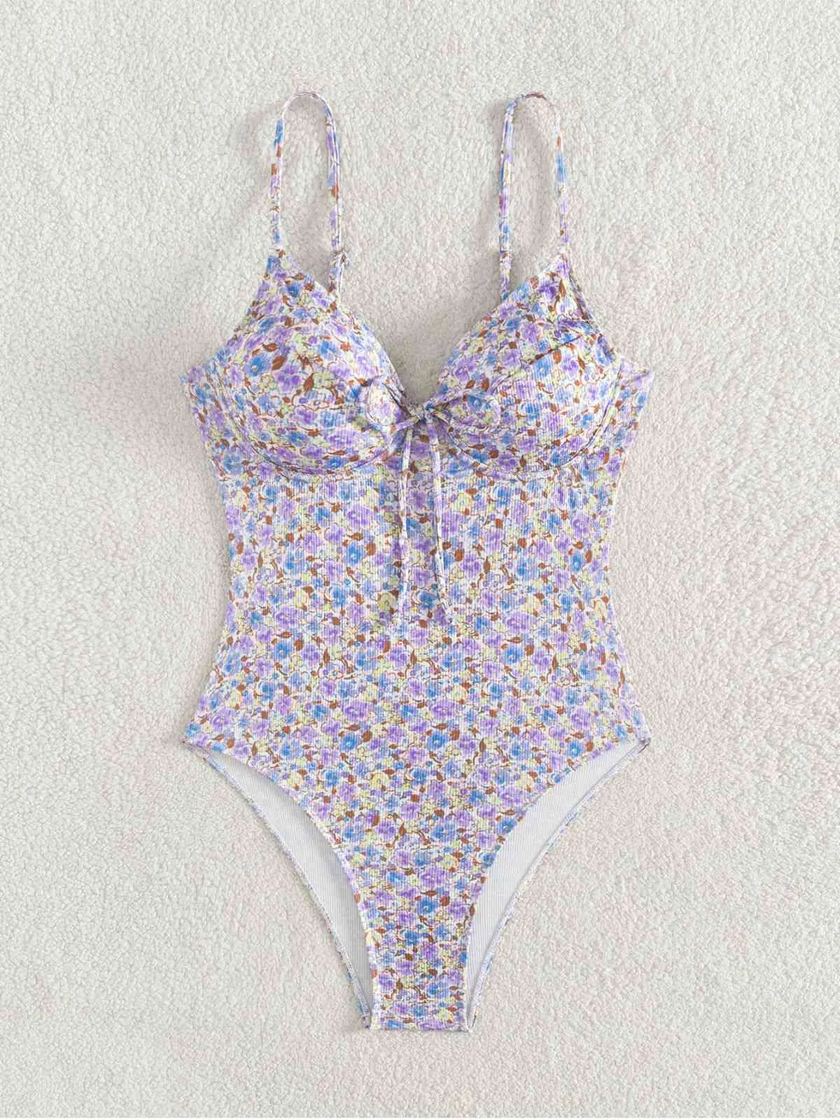 Purple 1950s Ditsy Floral Lace-Up One-Piece Swimsuit sold by Retro Stage product image thumbnail 3