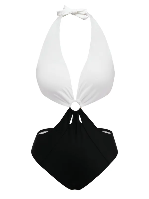 White 1960s Halter Deep V-Neck One-Piece Swimsuit sold by Retro Stage