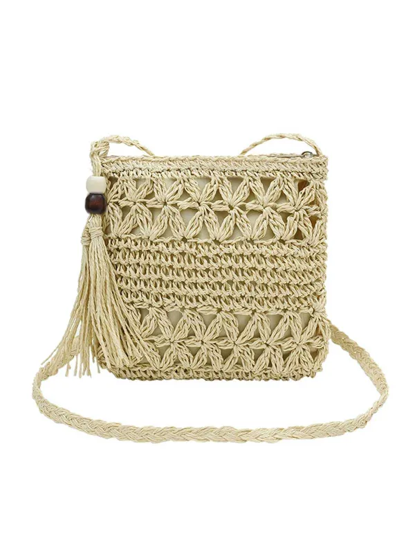 Vintage Straw Wooden Beads Crossbody Bag sold by Retro Stage
