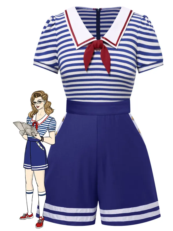 Blue 1950s Cotton Cravat Nautical Stripe Romper sold by Retro Stage