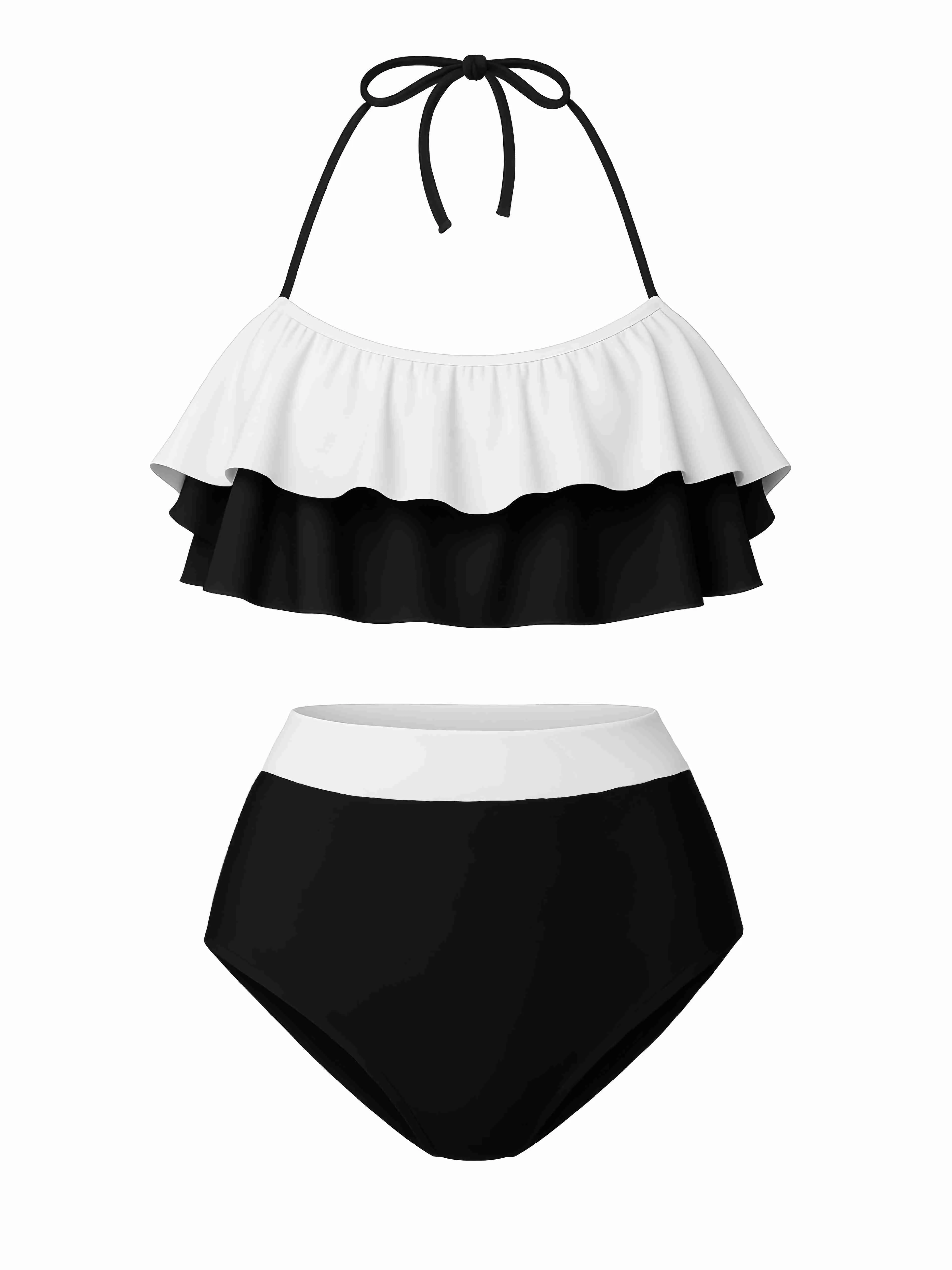 1940s High-Waist Colorblock Ruffled Halter Swimsuit sold by Retro Stage product image thumbnail 3