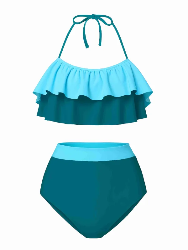 1940s High-Waist Colorblock Ruffled Halter Swimsuit sold by Retro Stage